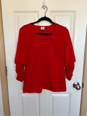 CAbi Red V-Neck Puff Sleeve Top